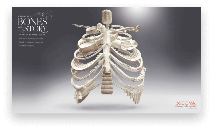 A rendering of a rib cage made up of everyday objects. This visual is meant to show what a cancer patient finds valuable in life